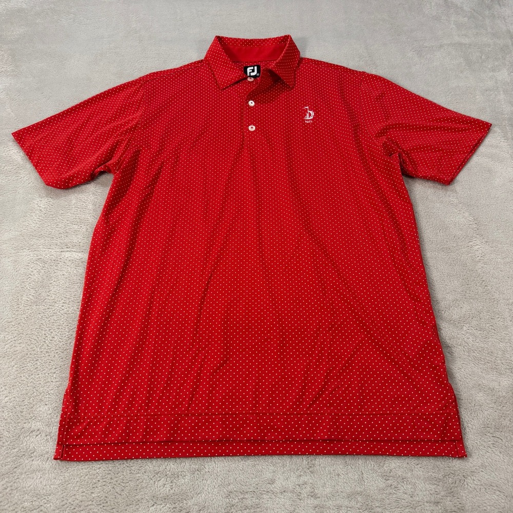 FootJoy Mens Medium Red Polka Dot Performance Golf Polo Shirt Sailboat 1924 EUC